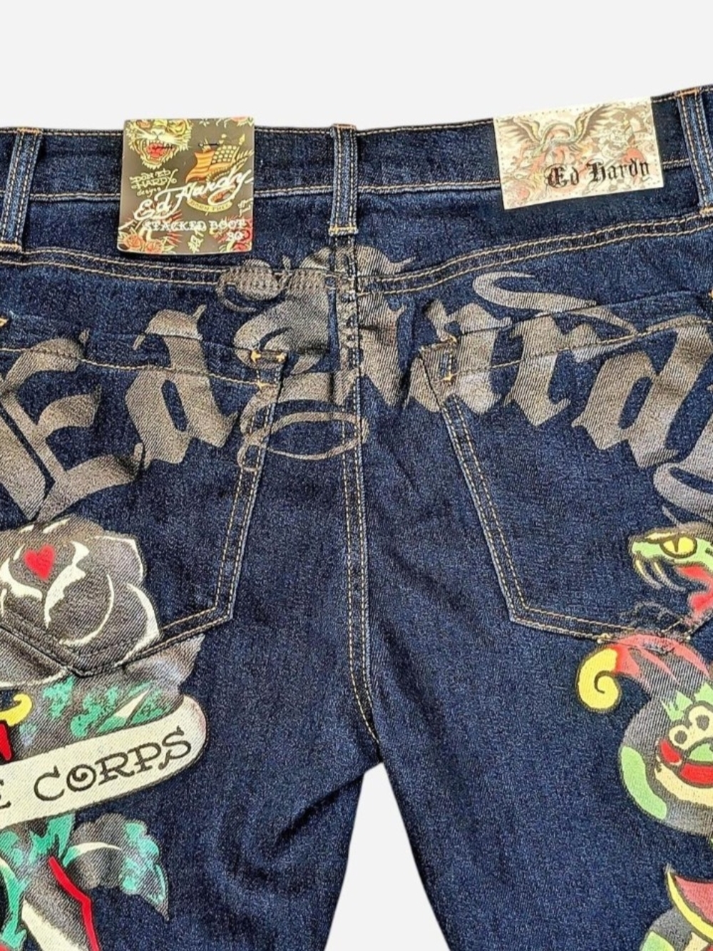 Ed Hardy Navy Denim Jeans with Multicolor Tattoo Art